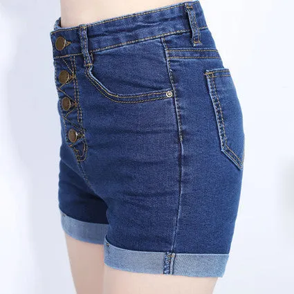 2017 Fashion 4 Buttons Retro Elastic High Waist Shorts.
