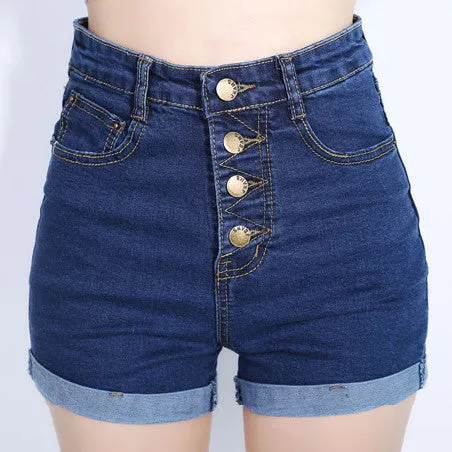 2017 Fashion 4 Buttons Retro Elastic High Waist Shorts.