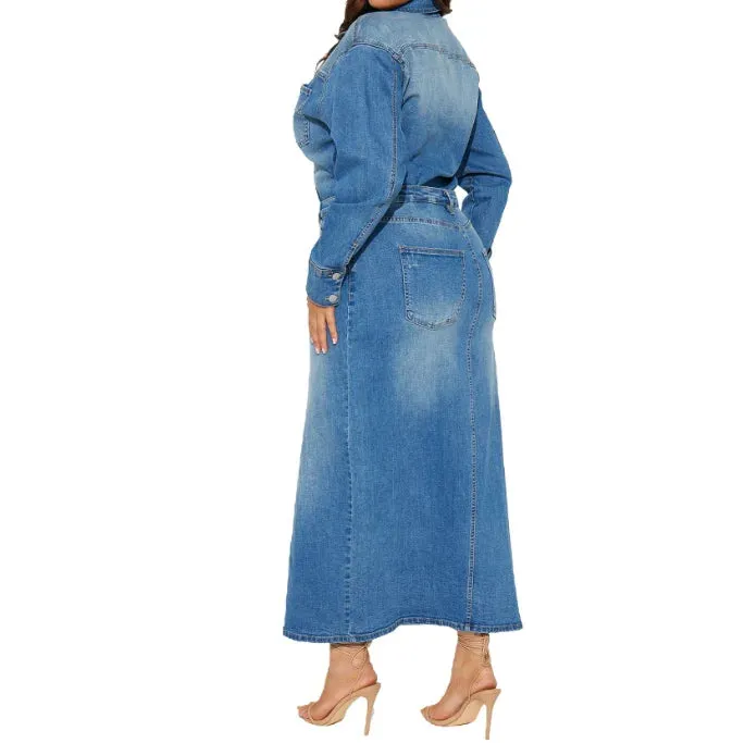 2024 New Spring Vintage Tight Waist Denim Dress Turndown Collar Button Dress Fashion Split Denim Long  Dresses