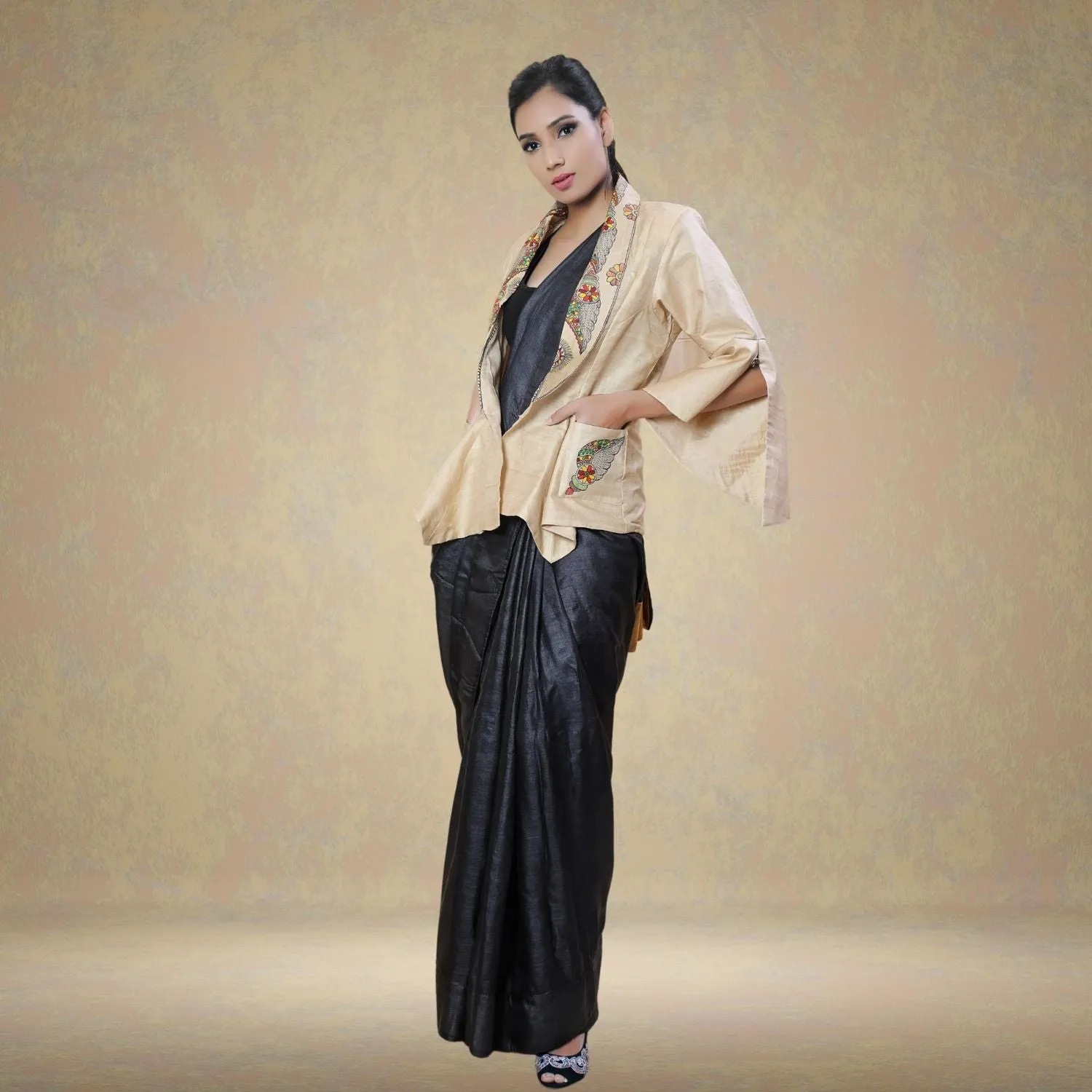 Belizzi Desi Tussar Silk Jacket | Madhubani Hand-Painted | Conch On Beige