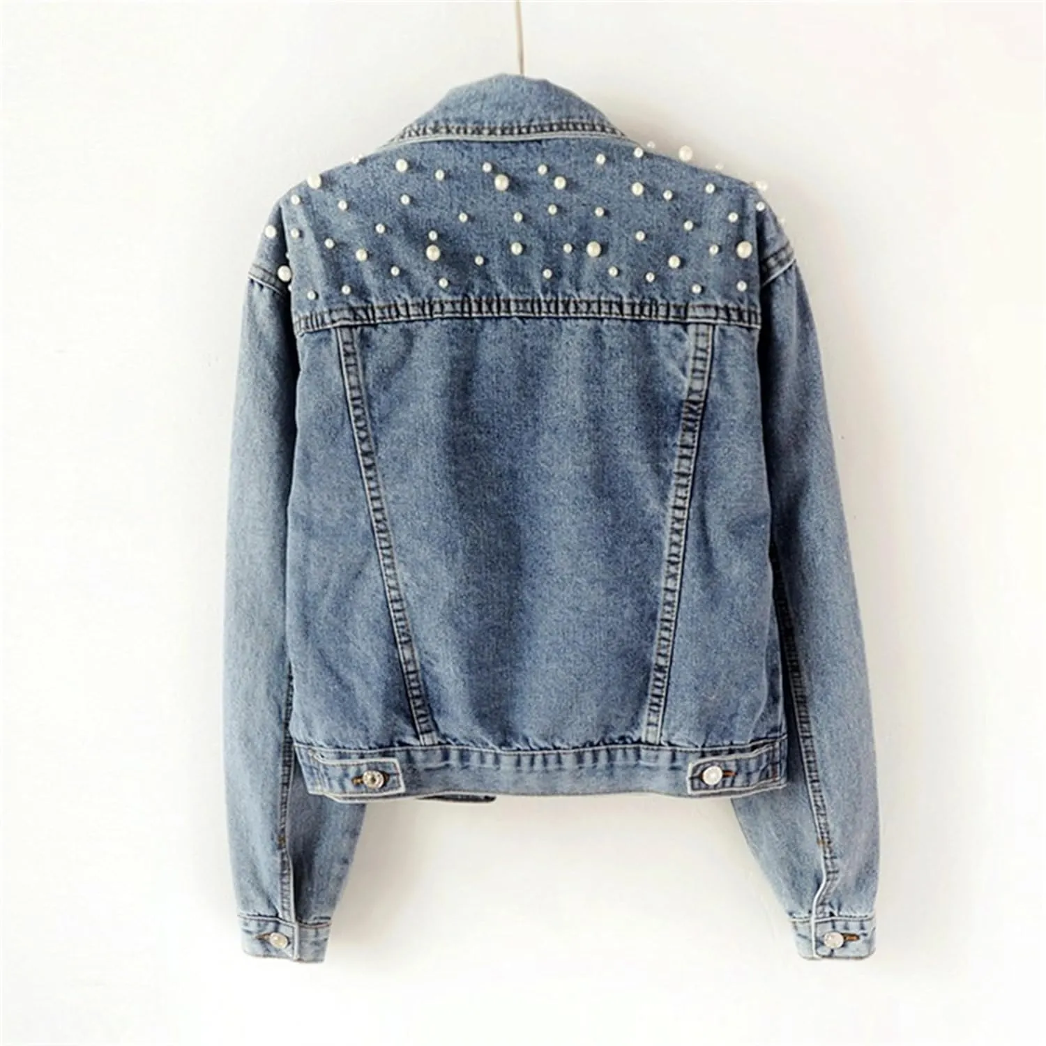 Casual Denim Jackets For Women Embroidered Pearls Beading Jeans Coat Fashion Loose Long Sleeve Button Down Jean Jacket
