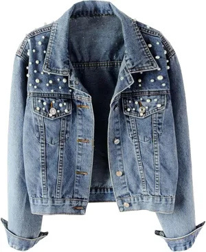 Casual Denim Jackets For Women Embroidered Pearls Beading Jeans Coat Fashion Loose Long Sleeve Button Down Jean Jacket