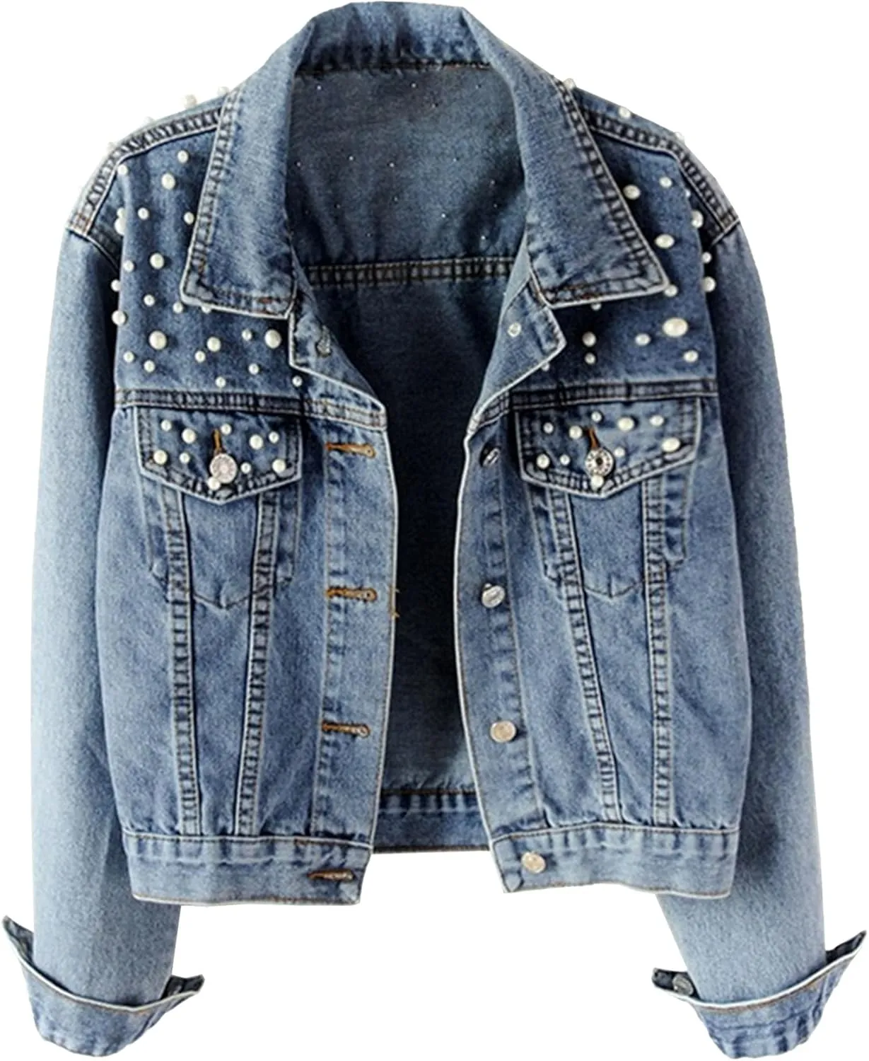 Casual Denim Jackets For Women Embroidered Pearls Beading Jeans Coat Fashion Loose Long Sleeve Button Down Jean Jacket