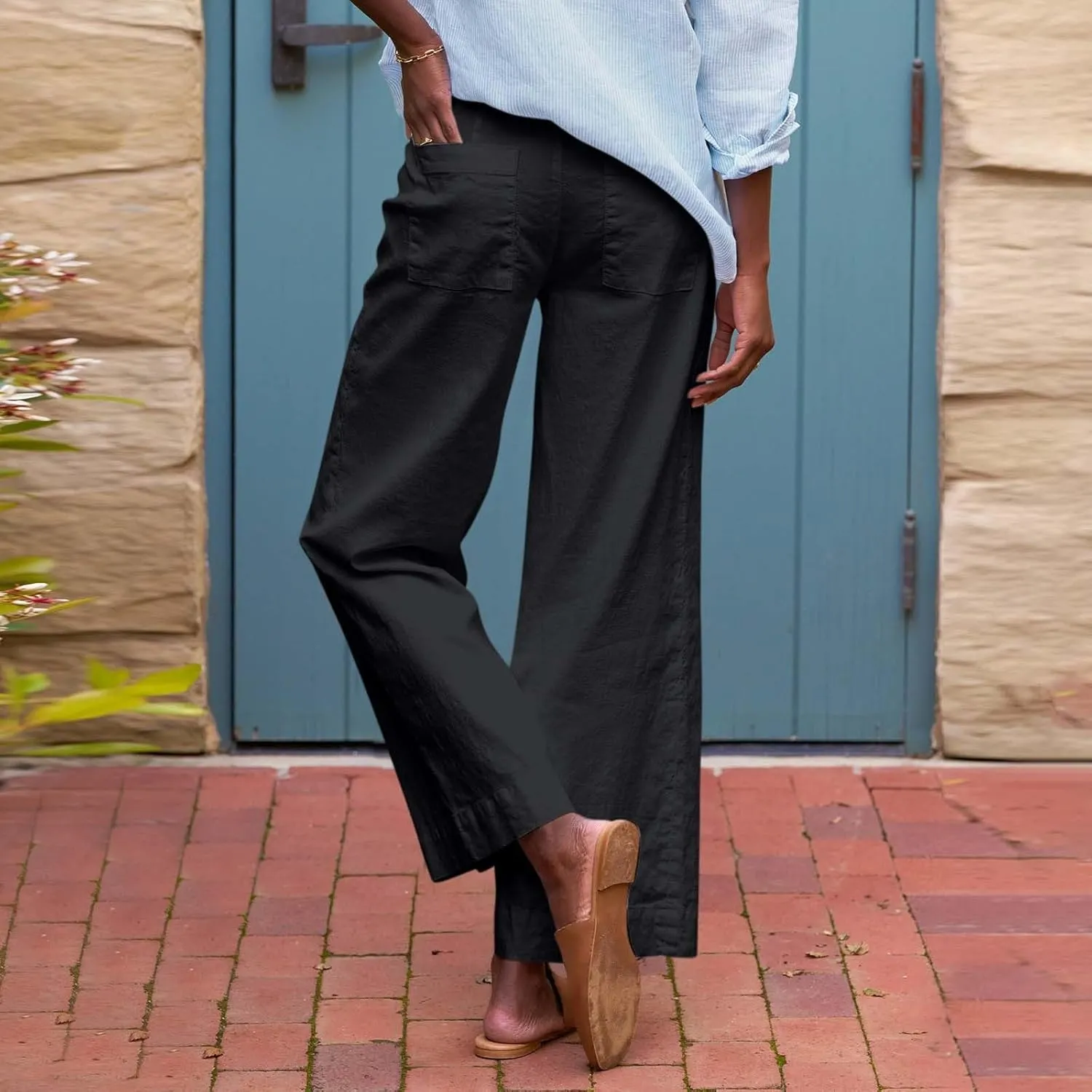 Chino Pants for Women Cropped Linen Pants High Waisted Capri Work Business Casual Pant with Pockets