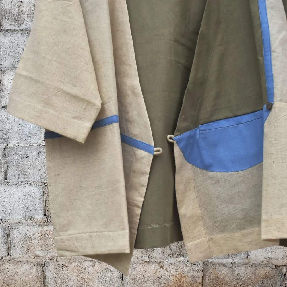 Contemporary Patchwork Wrap Jacket | Stylish | Casually Chic | Light Blue & Green