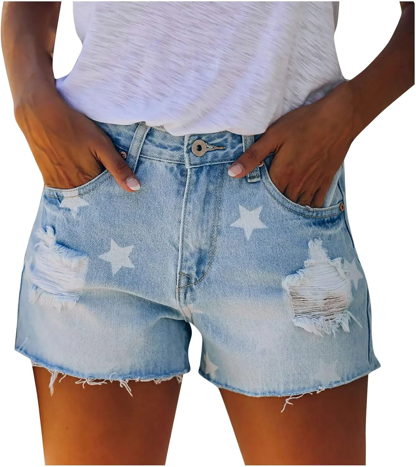 Denim Shorts Women Sexy Mid Waist Ripped Stretchy Mom Jean Shorts Plain Color Fashionable Raw Hem Hot Shorts