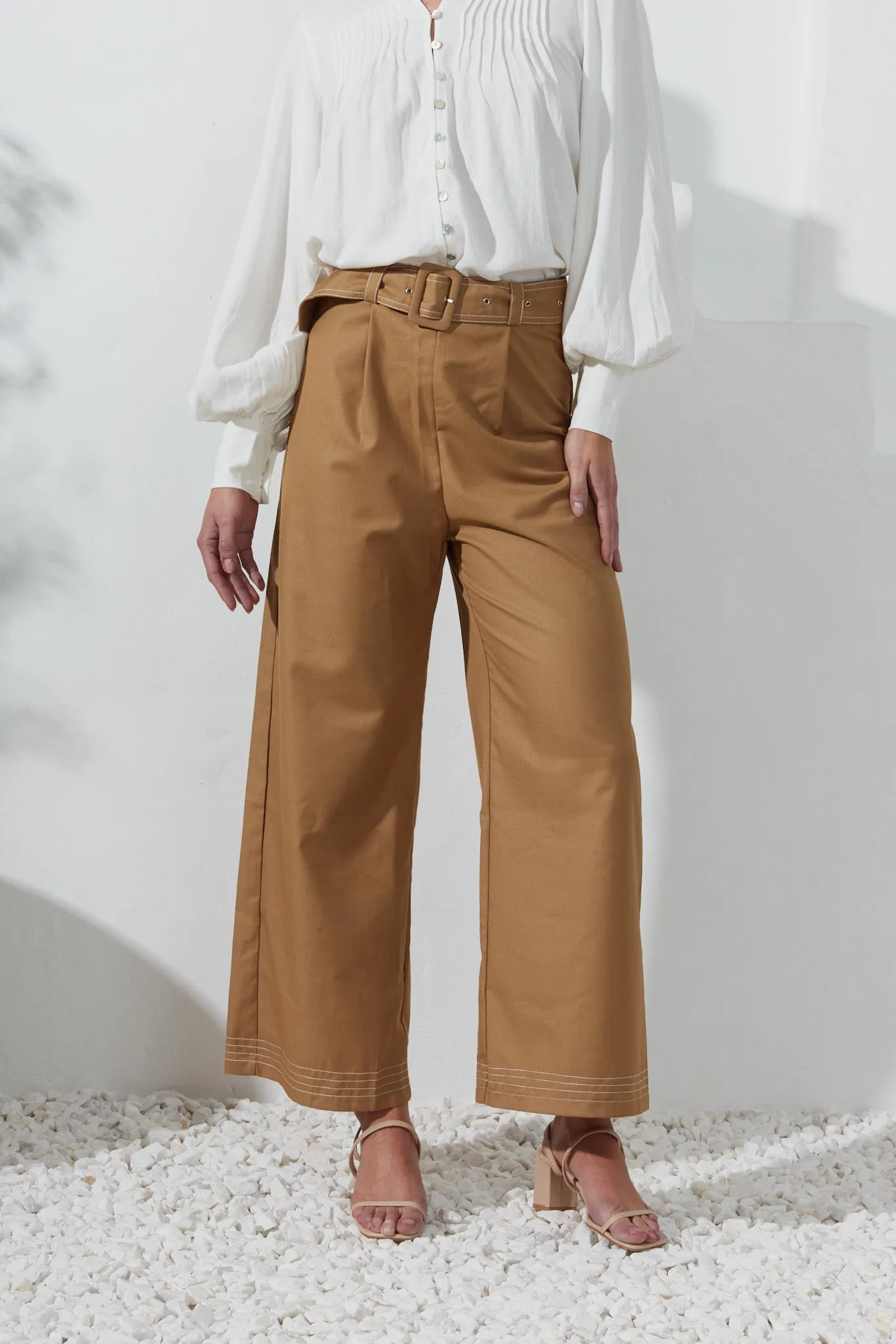 Drea Mocha Belted Wide Leg Pants