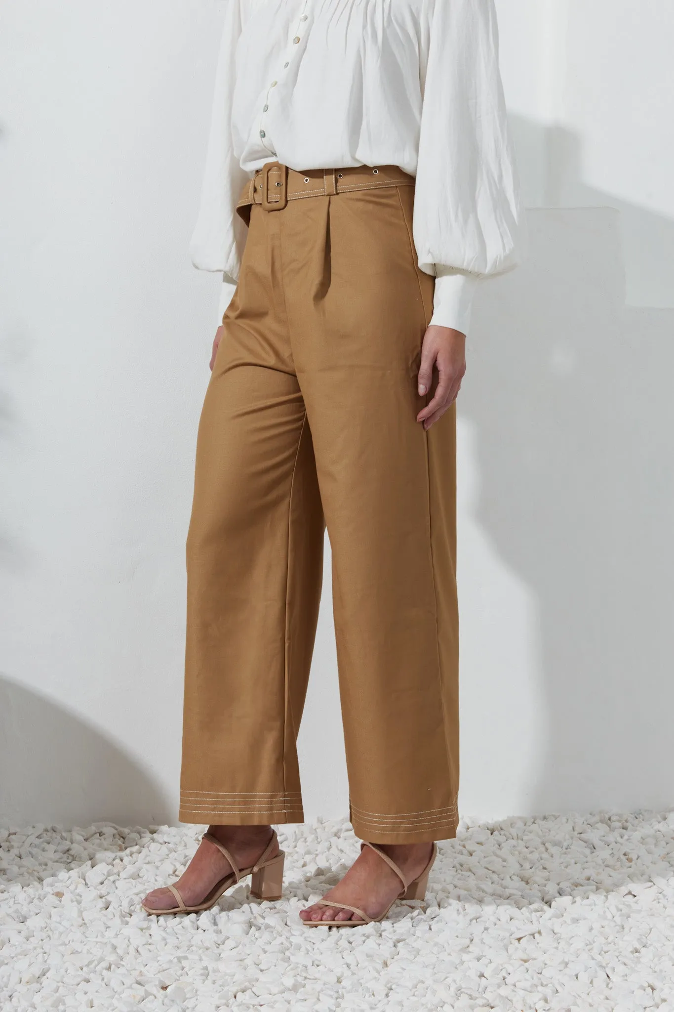 Drea Mocha Belted Wide Leg Pants