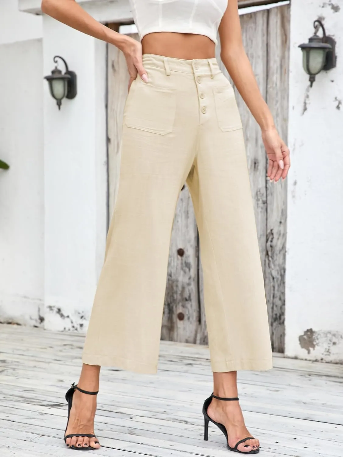 Famulily Womens Linen Pants for Summer Button Down Wide Leg Cropped Pants Casual Capri Pants with Pockets
