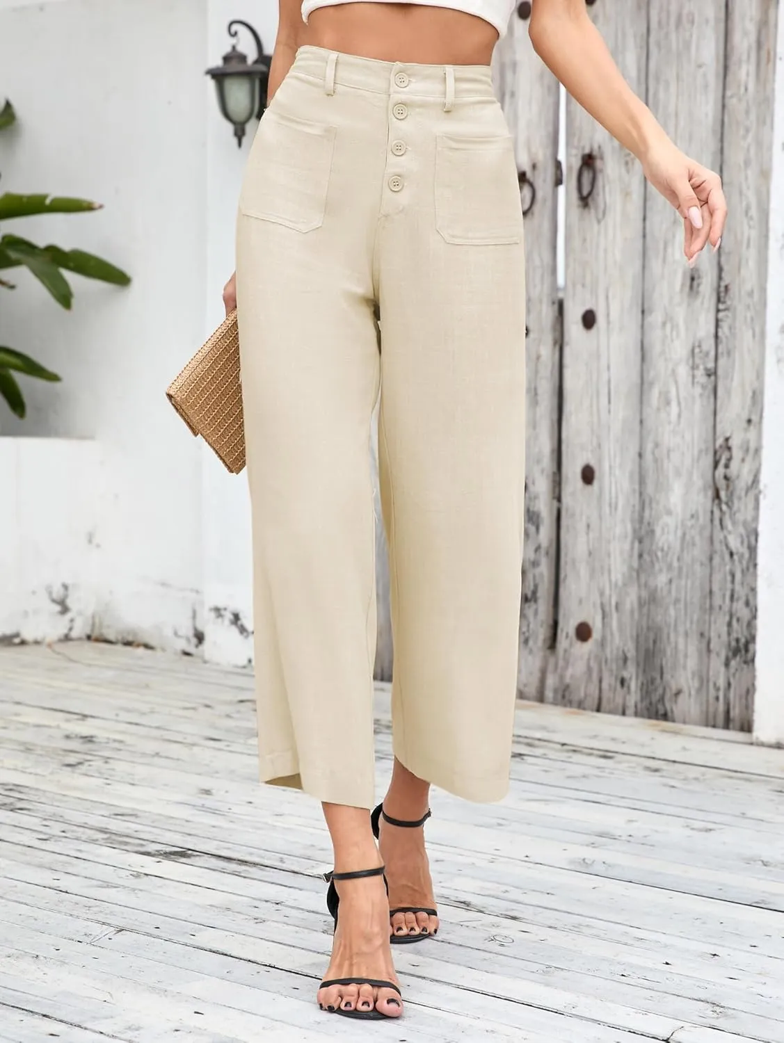 Famulily Womens Linen Pants for Summer Button Down Wide Leg Cropped Pants Casual Capri Pants with Pockets