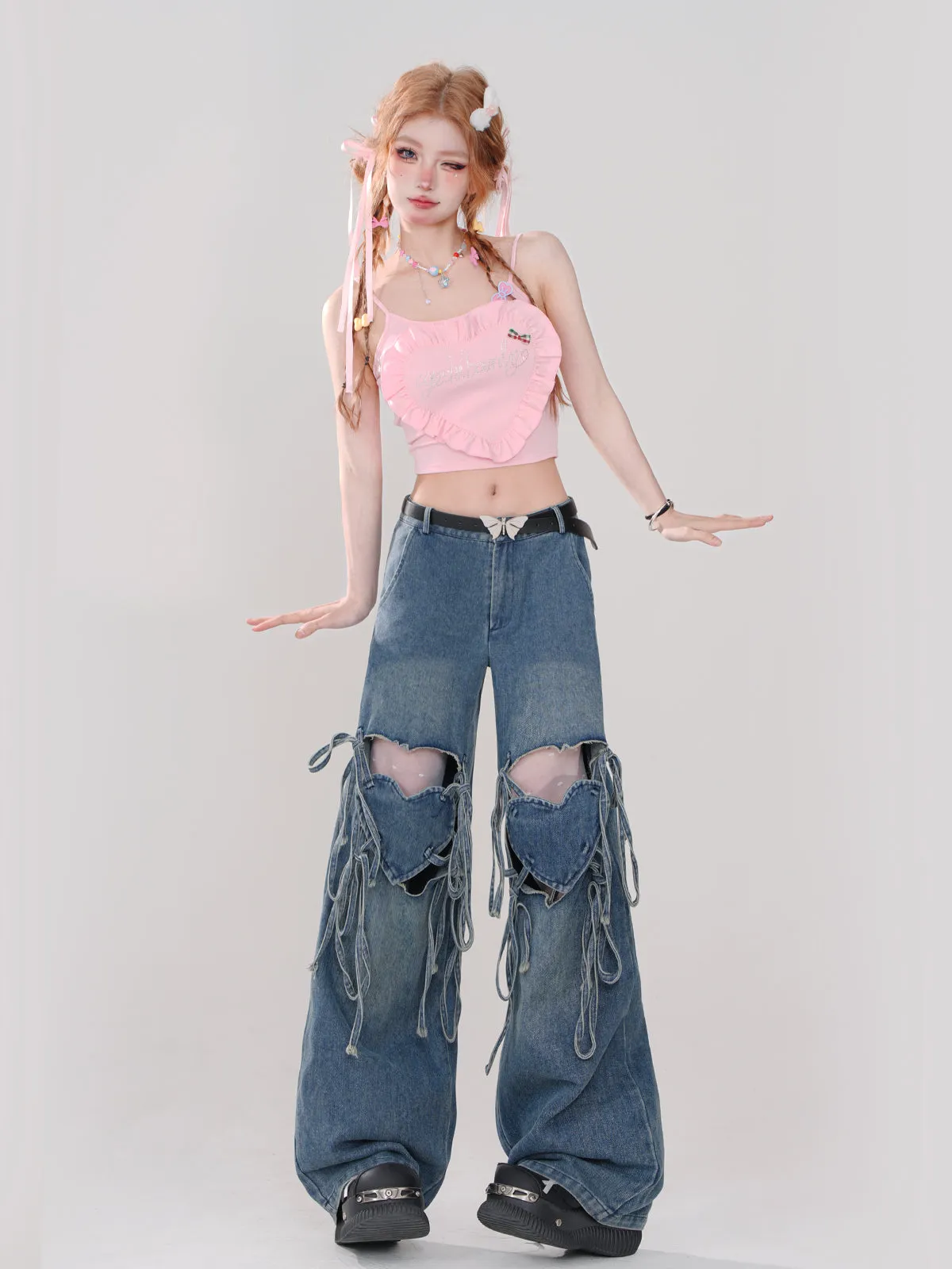 Hot Ripped Denim Rolled Loose Love Stripe