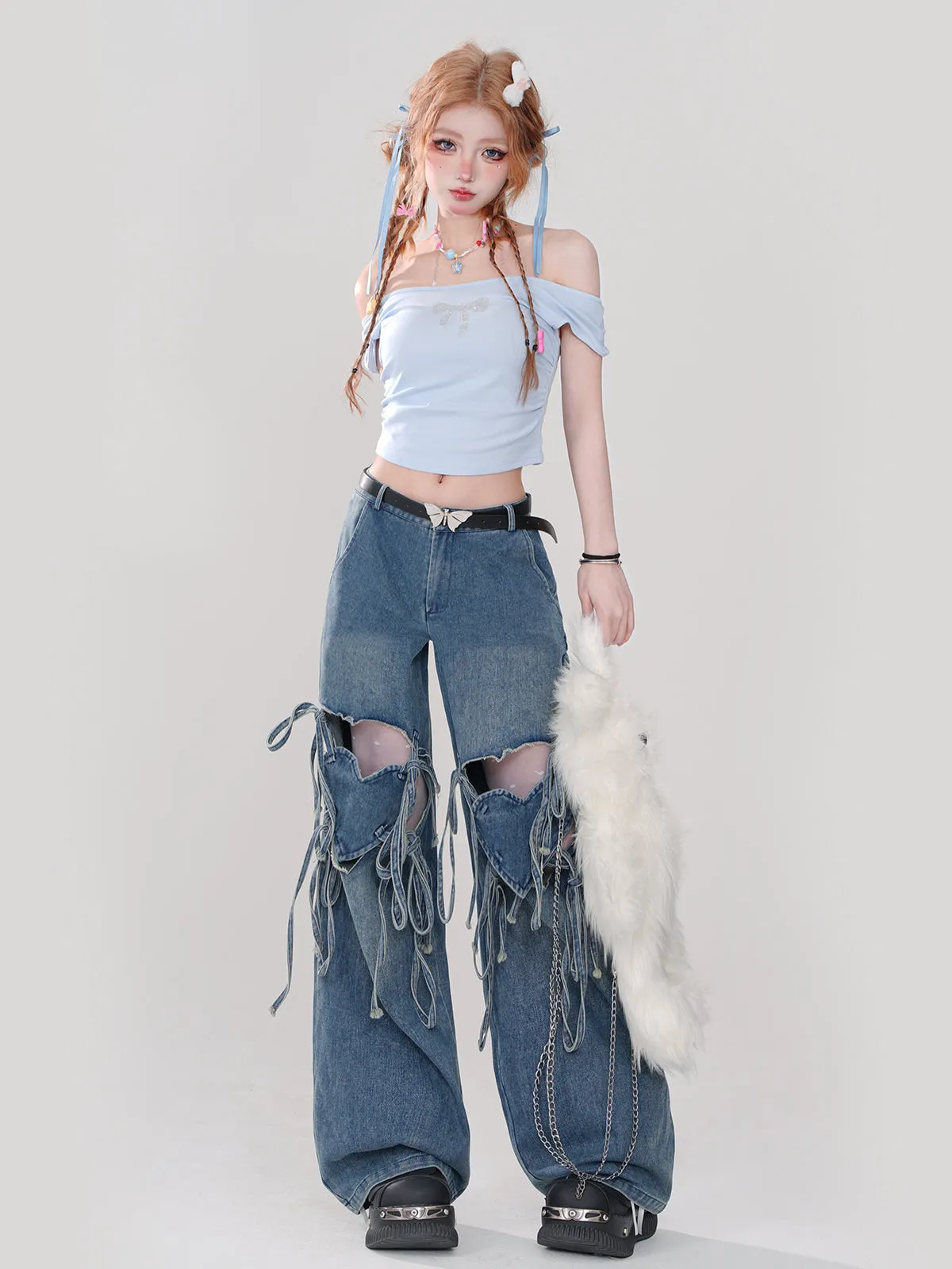 Hot Ripped Denim Rolled Loose Love Stripe