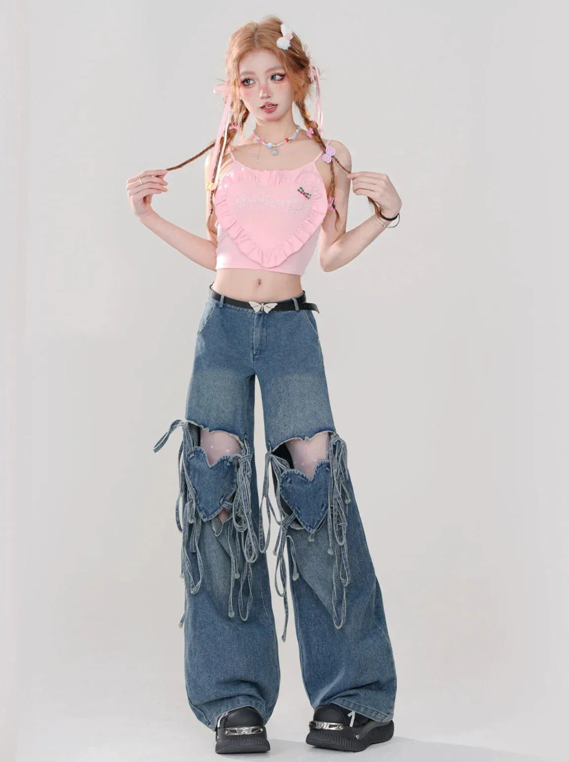 Hot Ripped Denim Rolled Loose Love Stripe