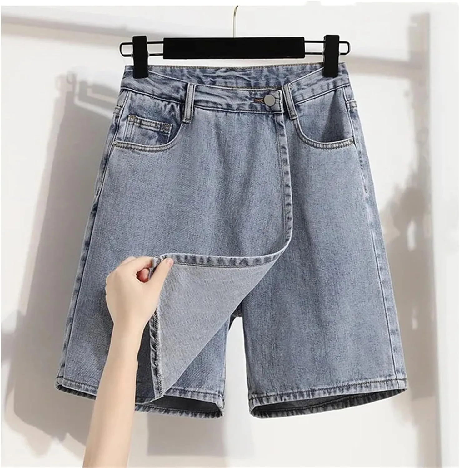 Jegsnoe Women Shorts Skirts Summer A-Line Wide-Leg Chic Solid High Waist Denim Shorts