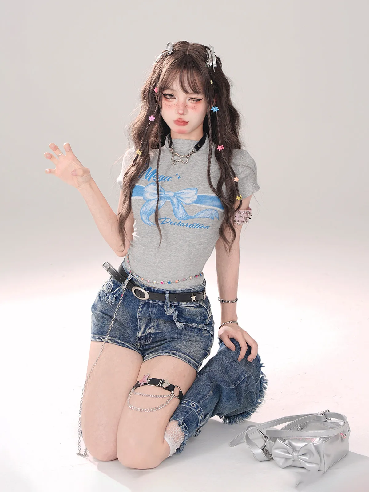 Leg Gray-and-blue   Denim Shorts A-line warmers