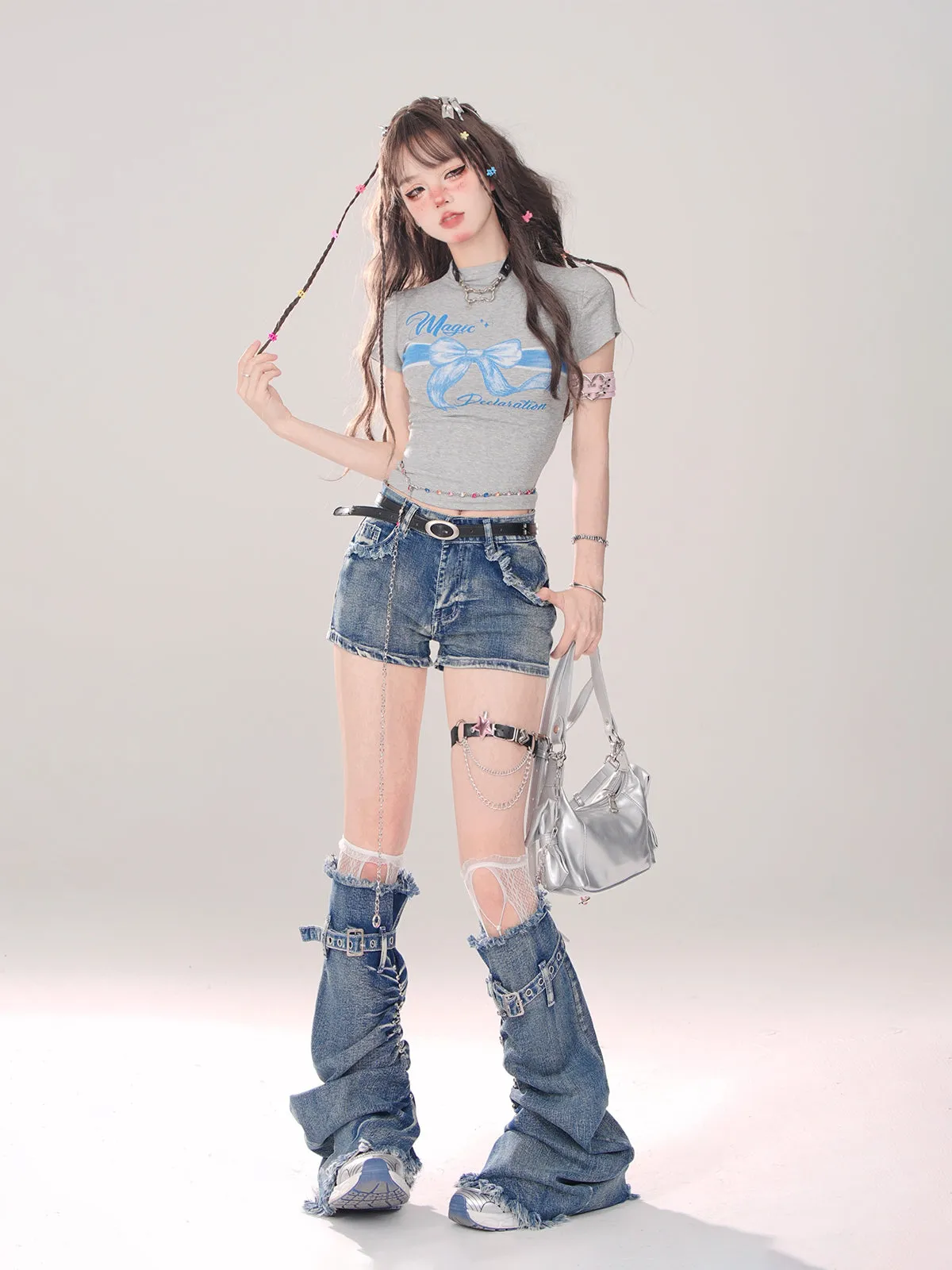 Leg Gray-and-blue   Denim Shorts A-line warmers