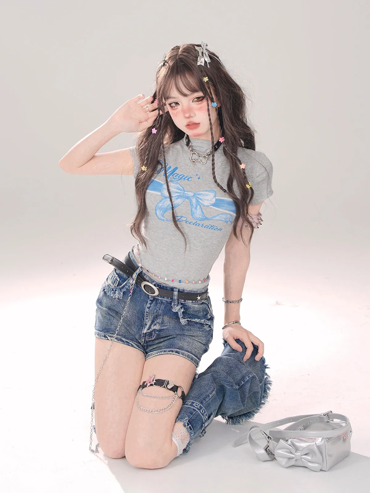 Leg Gray-and-blue   Denim Shorts A-line warmers