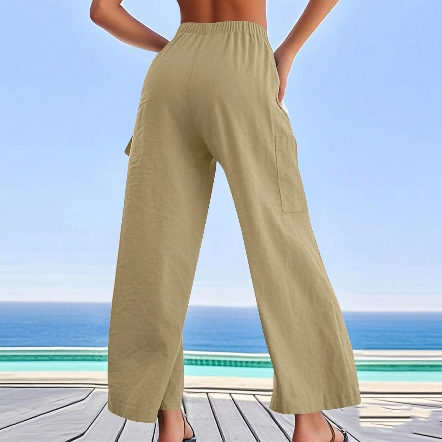Linen Wide Leg Pants for Women Baggy Elastic High Waisted Cargo Pants Gauze Cover Up Palazzo Pants with Pockets