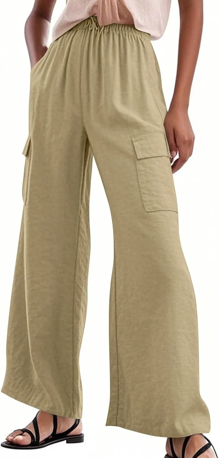 Linen Wide Leg Pants for Women Baggy Elastic High Waisted Cargo Pants Gauze Cover Up Palazzo Pants with Pockets
