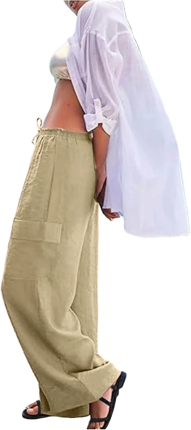 Linen Wide Leg Pants for Women Baggy Elastic High Waisted Cargo Pants Gauze Cover Up Palazzo Pants with Pockets