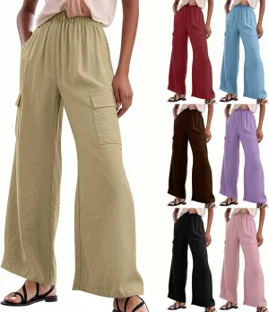 Linen Wide Leg Pants for Women Baggy Elastic High Waisted Cargo Pants Gauze Cover Up Palazzo Pants with Pockets