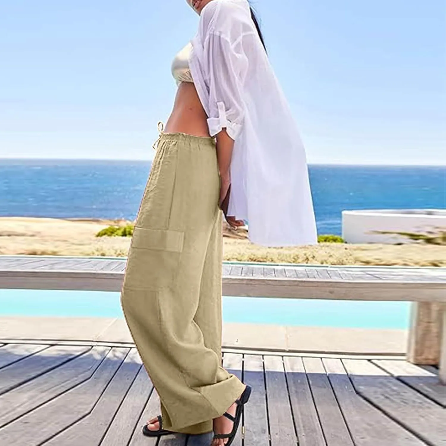 Linen Wide Leg Pants for Women Baggy Elastic High Waisted Cargo Pants Gauze Cover Up Palazzo Pants with Pockets