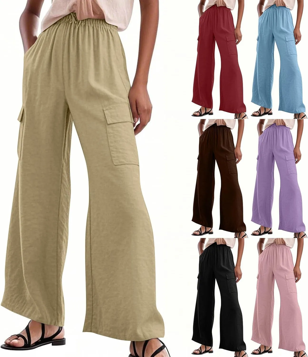 Linen Wide Leg Pants for Women Baggy Elastic High Waisted Cargo Pants Gauze Cover Up Palazzo Pants with Pockets