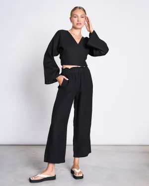 LINEN WRAP BLOUSE RORA BLACK