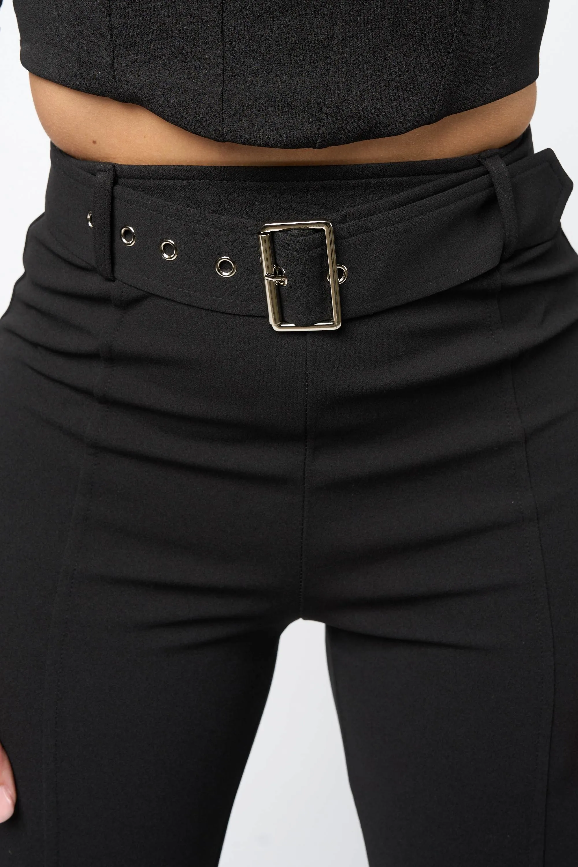 LUXE BUCKLE BELTED CROPPED TOP & BELTED PANTS SET