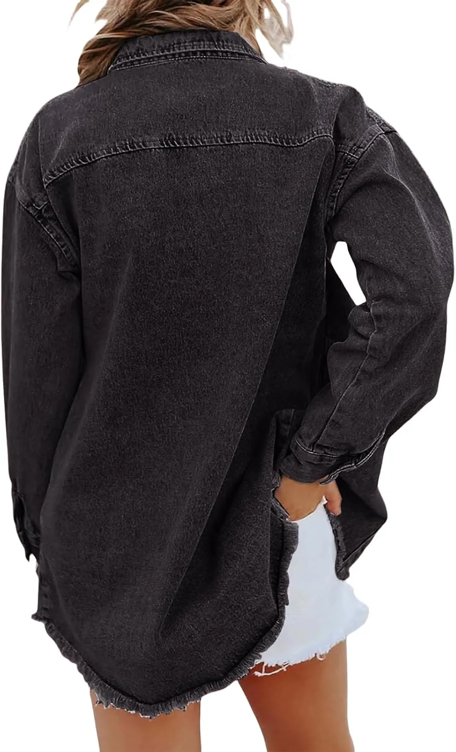 Mmoneyake Oversized Jean Jacket for Women Button Down Long Sleeve Shirt Shacket Boyfriend Denim Jacket Coats with Frayed Hem