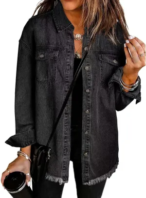 Mmoneyake Oversized Jean Jacket for Women Button Down Long Sleeve Shirt Shacket Boyfriend Denim Jacket Coats with Frayed Hem