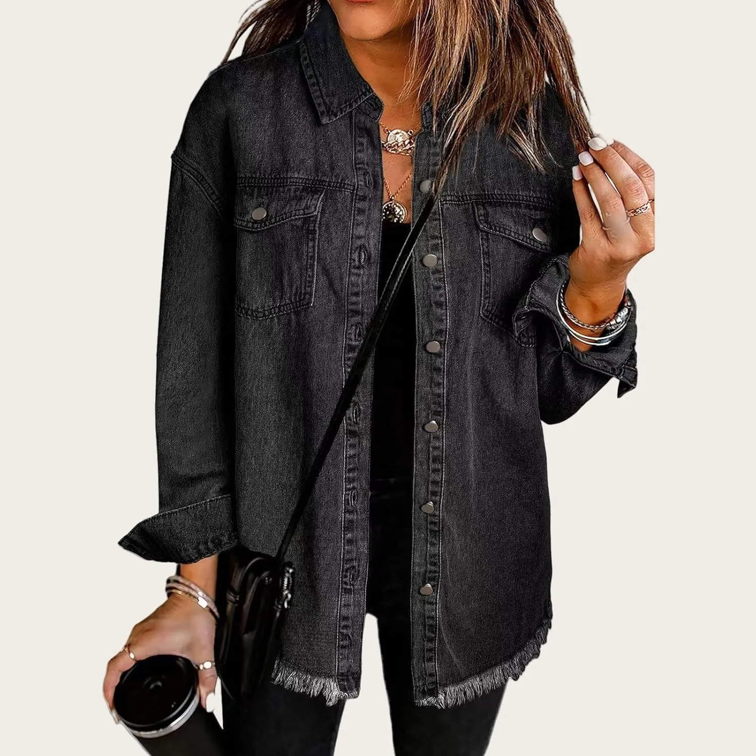 Mmoneyake Oversized Jean Jacket for Women Button Down Long Sleeve Shirt Shacket Boyfriend Denim Jacket Coats with Frayed Hem