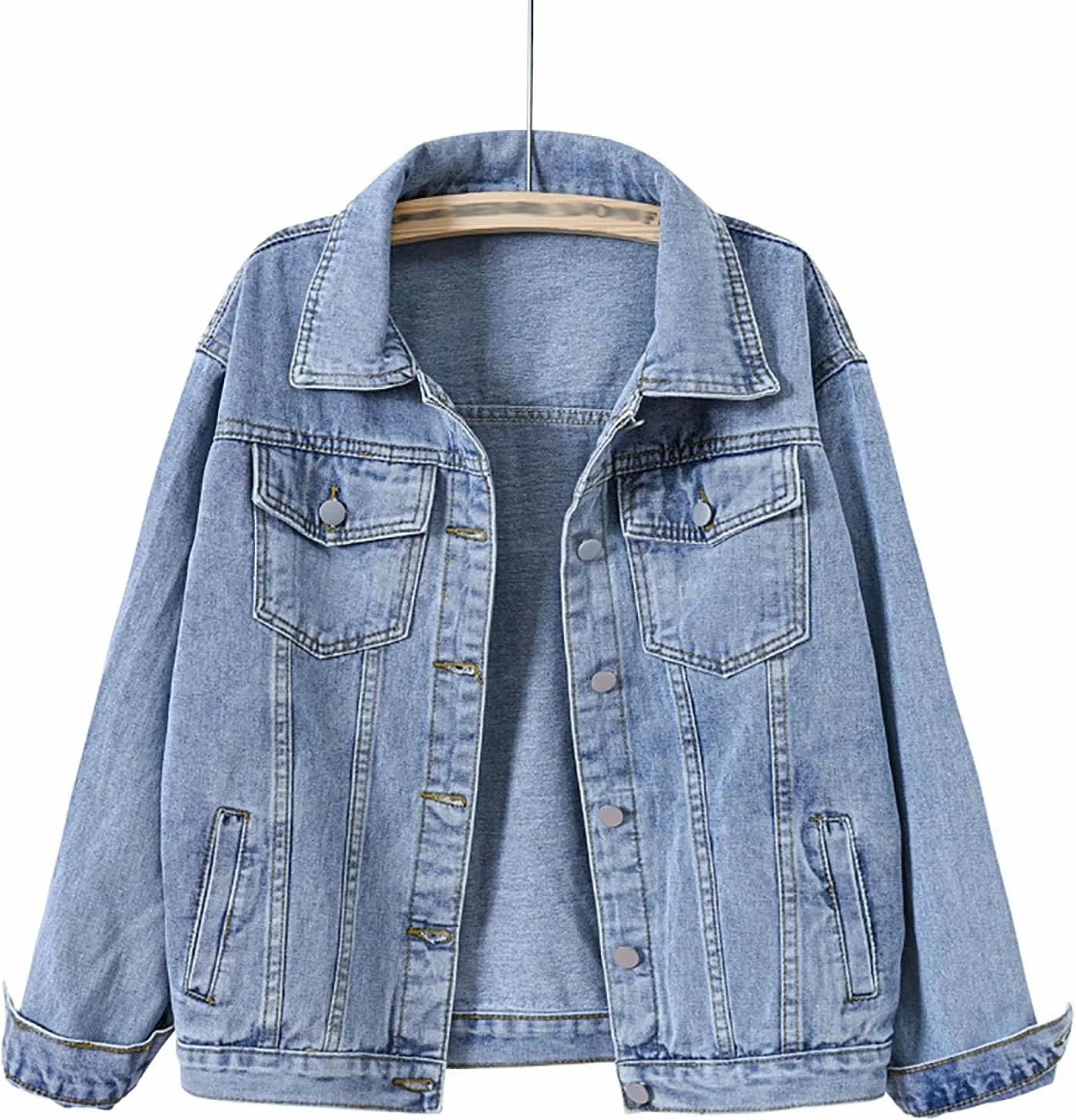 Pearls Denim Jacket For Woemn 3/4 Sleeve Button Down Plus Size Denim Jacket Basic Lapel Trucker Coat
