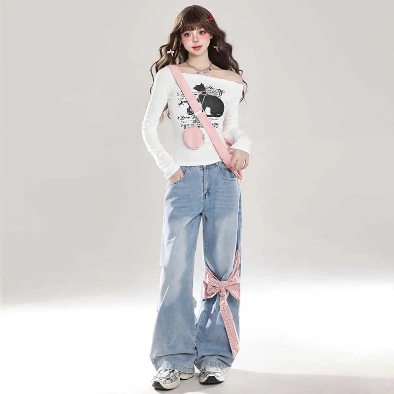 Sweet Girl All-match Style Bow Decoration Wide-leg Jeans