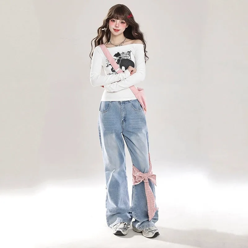Sweet Girl All-match Style Bow Decoration Wide-leg Jeans