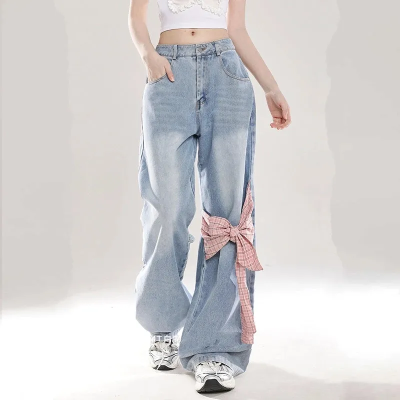 Sweet Girl All-match Style Bow Decoration Wide-leg Jeans