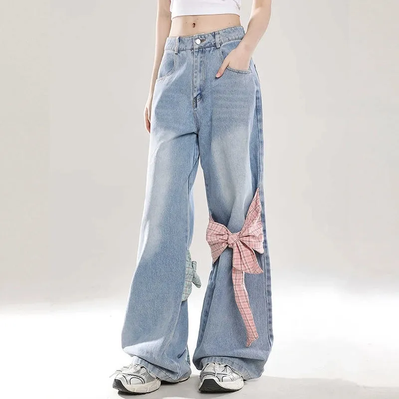 Sweet Girl All-match Style Bow Decoration Wide-leg Jeans