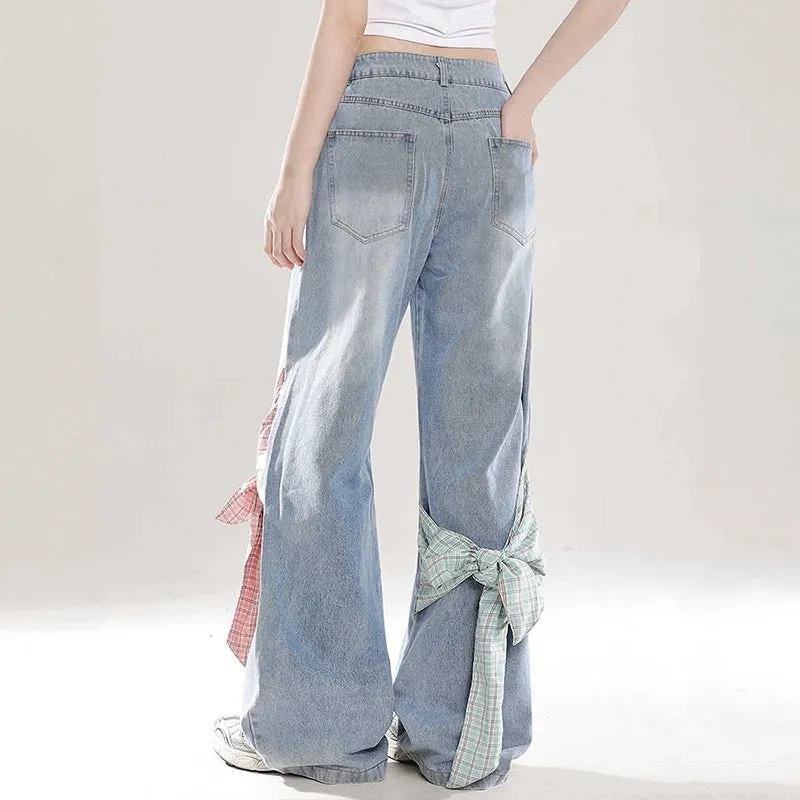 Sweet Girl All-match Style Bow Decoration Wide-leg Jeans