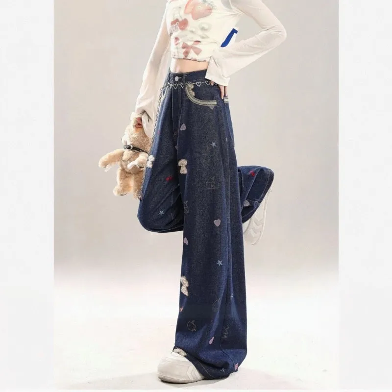 Sweet Girl Style Blue Puppy Embroidered Jeans