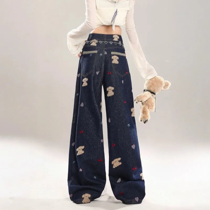 Sweet Girl Style Blue Puppy Embroidered Jeans