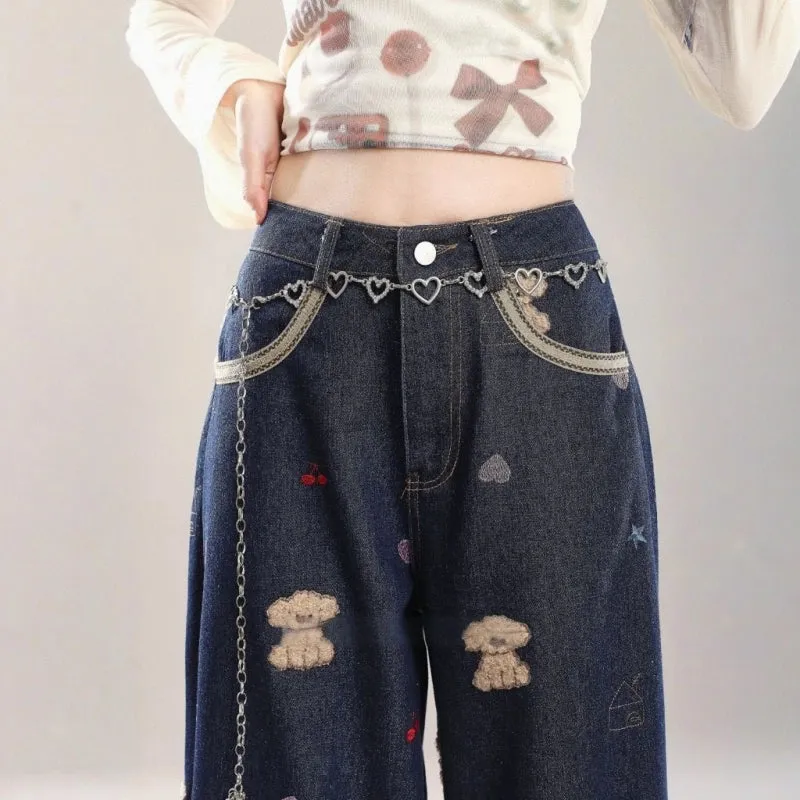 Sweet Girl Style Blue Puppy Embroidered Jeans