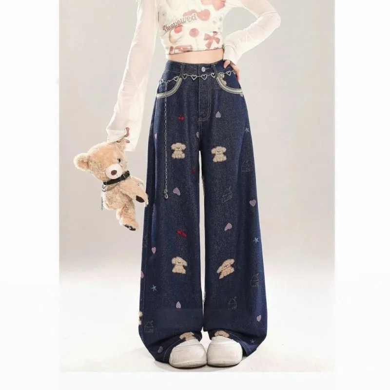 Sweet Girl Style Blue Puppy Embroidered Jeans