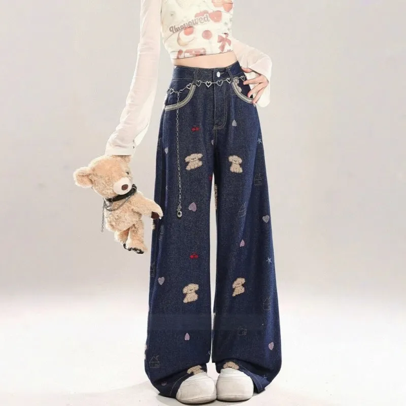 Sweet Girl Style Blue Puppy Embroidered Jeans