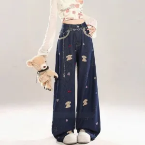 Sweet Girl Style Blue Puppy Embroidered Jeans