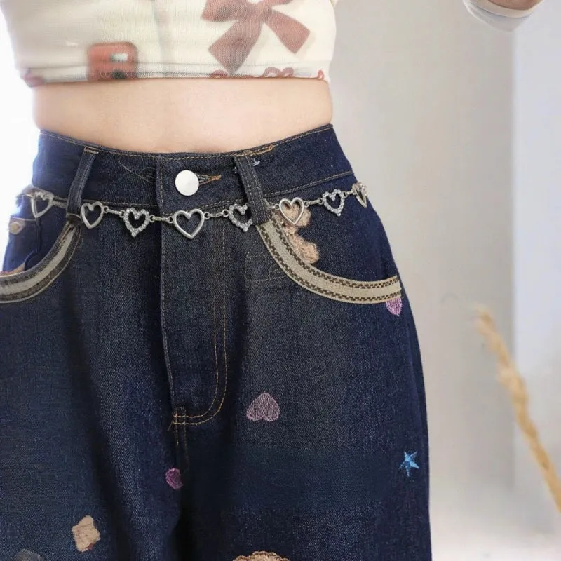 Sweet Girl Style Blue Puppy Embroidered Jeans