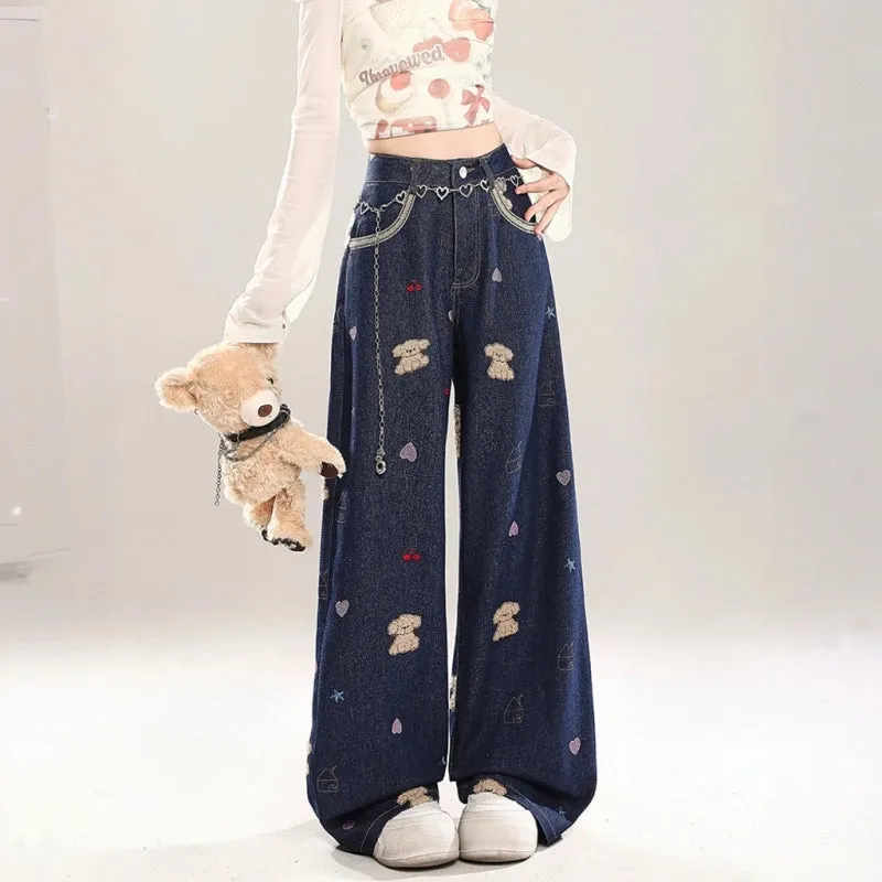 Sweet Girl Style Blue Puppy Embroidered Jeans