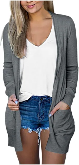 Thin Sweater Cardigan Long V-Neck Womens Ladies Sleeve Pockets Coat Solid Outerwear Light Weight Summer Sweaters