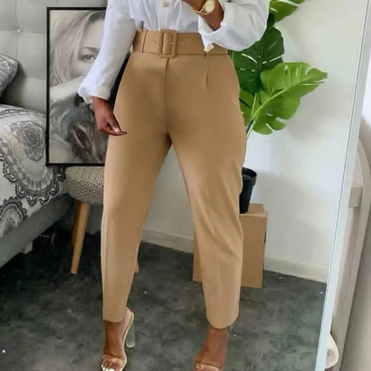 Uillui Dress Suit Pants for Women Business Casual Straight Leg Trouser Dressy High Waist Office Work Pant Slacks with Belted