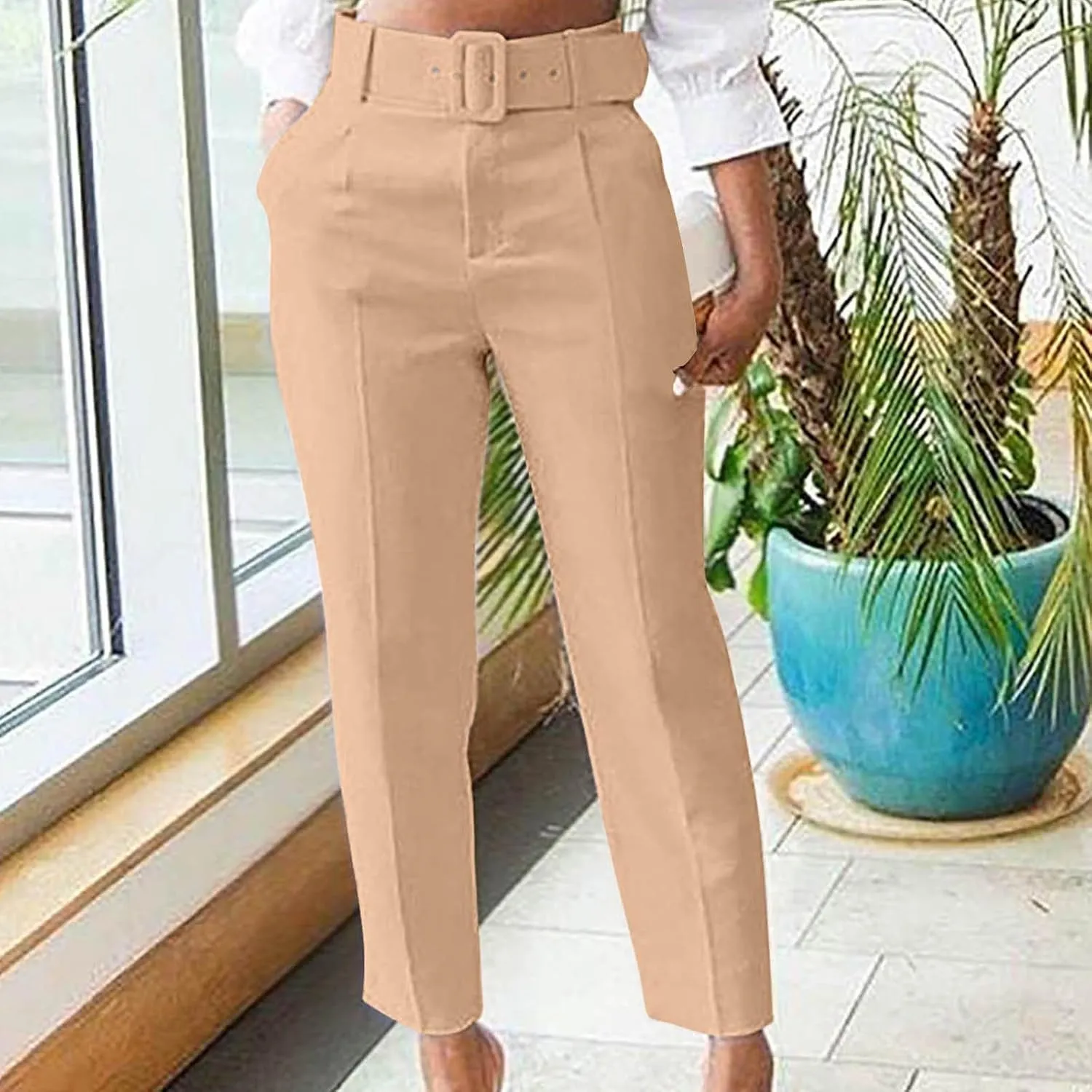 Uillui Dress Suit Pants for Women Business Casual Straight Leg Trouser Dressy High Waist Office Work Pant Slacks with Belted