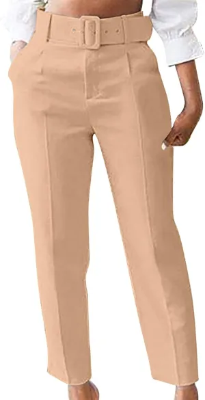Uillui Dress Suit Pants for Women Business Casual Straight Leg Trouser Dressy High Waist Office Work Pant Slacks with Belted